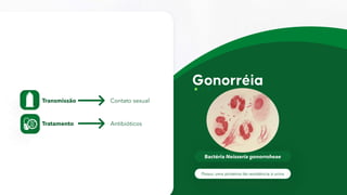 Bactéria Neisseria gonorroheae
Possui uma proteína de resistência à urina
Transmissão Contato sexual
Tratamento Antibióticos
 