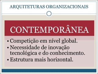 ARQUITETURAS ORGANIZACIONAIS

CONTEMPORÂNEA
• Competição em nível global.
• Necessidade de inovação
tecnológica e do conhecimento.
• Estrutura mais horizontal.

 