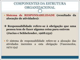 COMPONENTES DA ESTRUTURA
ORGANIZACIONAL
 Sistema de RESPONSABILIDADE (resultado da

alocação de atividades):
 Responsabilidade refere-se à obrigação que uma
pessoa tem de fazer alguma coisa para outrem
(Jucius e Schhelender, 1968:232)
 O sistema de responsabilidade refere-se a alocação das

atividades inerentes a esta obrigação (Vasconcelos,
1972:154)

 