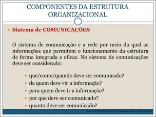 COMPONENTES DA ESTRUTURA
ORGANIZACIONAL
 Sistema de COMUNICAÇÕES

O sistema de comunicação e a rede por meio da qual as
informações que permitem o funcionamento da estrutura
de forma integrada e eficaz. No sistema de comunicações
deve ser considerado:
 que/como/quando deve ser comunicado?

 de quem deve vir a informação?
 para quem deve ir a informação?
 por que deve ser comunicado?

 quanto deve ser comunicado?
Fonte: CAMPANHOLO, Tarcisio. OSM – Organização, Sistemas e Métodos. Apostila.

 
