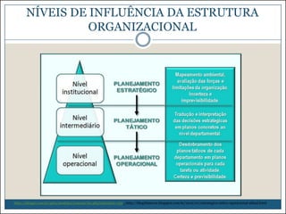 NÍVEIS DE INFLUÊNCIA DA ESTRUTURA
ORGANIZACIONAL

http://ideagri.com.br/plus/modulos/noticias/ler.php?cdnoticia=335 - http://blogrhinovar.blogspot.com.br/2012/01/estrategico-tatico-operacional-afinal.html

 