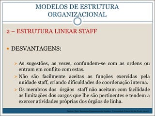 MODELOS DE ESTRUTURA
ORGANIZACIONAL
2 – ESTRUTURA LINEAR STAFF
 DESVANTAGENS:
 As sugestões, as vezes, confundem-se com as ordens ou

entram em conflito com estas.
 Não são facilmente aceitas as funções exercidas pela
unidade staff, criando dificuldades de coordenação interna.
 Os membros dos órgãos staff não aceitam com facilidade
as limitações dos cargos que lhe são pertinentes e tendem a
exercer atividades próprias dos órgãos de linha.
Picchiai, Djair. Estruturas Organizacionais Modelos. Universidade Federal de São Paulo. (2010)

 