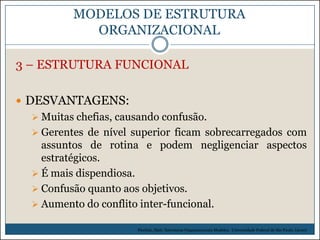 MODELOS DE ESTRUTURA
ORGANIZACIONAL
3 – ESTRUTURA FUNCIONAL
 DESVANTAGENS:
 Muitas chefias, causando confusão.
 Gerentes de nível superior ficam sobrecarregados com
assuntos de rotina e podem negligenciar aspectos
estratégicos.
 É mais dispendiosa.
 Confusão quanto aos objetivos.
 Aumento do conflito inter-funcional.
Picchiai, Djair. Estruturas Organizacionais Modelos. Universidade Federal de São Paulo. (2010)

 
