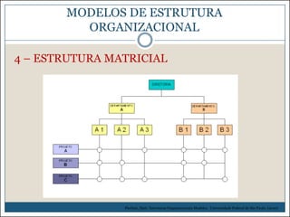 MODELOS DE ESTRUTURA
ORGANIZACIONAL
4 – ESTRUTURA MATRICIAL

Picchiai, Djair. Estruturas Organizacionais Modelos. Universidade Federal de São Paulo. (2010)

 
