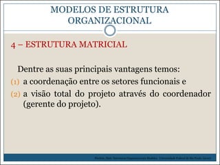 MODELOS DE ESTRUTURA
ORGANIZACIONAL
4 – ESTRUTURA MATRICIAL
Dentre as suas principais vantagens temos:
(1) a coordenação entre os setores funcionais e
(2) a visão total do projeto através do coordenador
(gerente do projeto).

Picchiai, Djair. Estruturas Organizacionais Modelos. Universidade Federal de São Paulo. (2010)

 
