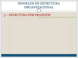 MODELOS DE ESTRUTURA
ORGANIZACIONAL
5 – ESTRUTURA POR PROJETOS

http://www.tecproit.com.br/downloads/Artigo-BPM-AGO2009-Wilson-TecProIT.pdf

 