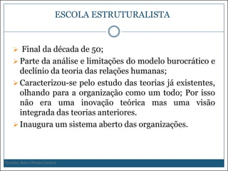 ESCOLA ESTRUTURALISTA

 Final da década de 50;
 Parte da análise e limitações do modelo burocrático e

declínio da teoria das relações humanas;
 Caracterizou-se pelo estudo das teorias já existentes,
olhando para a organização como um todo; Por isso
não era uma inovação teórica mas uma visão
integrada das teorias anteriores.
 Inaugura um sistema aberto das organizações.

Ferreira, Reis e Pereira (2000)

 