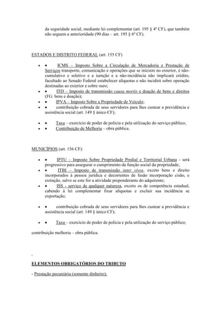 da seguridade social, mediante lei complementar (art. 195 § 4º CF), que também
não seguem a anterioridade (90 dias – art. 195 § 6º CF).

ESTADOS E DISTRITO FEDERAL (art. 155 CF)
ICMS – Imposto Sobre a Circulação de Mercadoria e Prestação de
Serviços transporte, comunicação e operações que se iniciem no exterior, é nãocumulativo e seletivo e a isenção e a não-incidência não implicará crédito,
facultado ao Senado Federal estabelecer alíquotas e não incidirá sobre operação
destinadas ao exterior e sobre ouro;
ITD – Imposto de transmissão causa mortis e doação de bens e direitos
(FG: bens e doação);
IPVA – Imposto Sobre a Propriedade de Veículo;
contribuição cobrada de seus servidores para lhes custear a previdência e
assistência social (art. 149 § único CF);
Taxa – exercício de poder de polícia e pela utilização do serviço público;
Contribuição de Melhoria – obra pública.

MUNICÍPIOS (art. 156 CF):
IPTU – Imposto Sobre Propriedade Predial e Territorial Urbana - será
progressivo para assegurar o cumprimento da função social da propriedade;
ITBI – Imposto de transmissão inter vivos, exceto bens e direito
incorporados à pessoa jurídica e decorrentes de fusão incorporação cisão, e
extinção, salvo se este for a atividade preponderante do adquirente;
ISS - serviço de qualquer natureza, exceto os de competência estadual,
cabendo à lei complementar fixar alíquotas e excluir sua incidência se
exportação;
contribuição cobrada de seus servidores para lhes custear a previdência e
assistência social (art. 149 § único CF);
Taxa – exercício de poder de polícia e pela utilização do serviço público;
contribuição melhoria – obra pública.

ELEMENTOS OBRIGATÓRIOS DO TRIBUTO
- Prestação pecuniária (somente dinheiro);

 