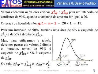 INFERÊNCIA ESTATÍSTICA:
Teoria da Estimação - Intervalar
Variância & Desvio Padrão
10
2
Wadiley Nascimento (Mestre em Estatística) Telm.: (+239) 980 1045 / 905 88 42 E-mail: wadmiguel547@yahoo.com
Vamos encontrar os valores críticos 𝝌𝒊𝒏𝒇
𝟐
e 𝝌𝒔𝒖𝒑
𝟐 para um intervalo de
confiança de 90%, quando o tamanho da amostra for igual a 20.
Os graus de liberdade são: 𝒈. 𝒍. = 𝒏 – 𝟏 = 20 – 1 = 19.
Para um intervalo de 90%, teremos uma área de 5% à esquerda de
𝜒𝑖𝑛𝑓
2
e de 5% à direita de 𝜒𝑠𝑢𝑝
2 .
Mas, para utilizarmos a tabela,
devemos pensar em valores à direita
e, portanto, temos de 95% à
esquerda de 𝝌𝒔𝒖𝒑
𝟐
e 5% à esquerda
de 𝝌𝒊𝒏𝒇
𝟐
.
Ou seja, 𝝌𝒔𝒖𝒑
𝟐
= 𝝌𝟏−
𝜶
𝟐
𝟐
e 𝝌𝒊𝒏𝒇
𝟐
= 𝝌𝜶
𝟐
𝟐
 