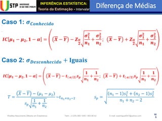 INFERÊNCIA ESTATÍSTICA:
Teoria da Estimação - Intervalar
Diferença de Médias
10
5
Wadiley Nascimento (Mestre em Estatística) Telm.: (+239) 980 1045 / 905 88 42 E-mail: wadmiguel547@yahoo.com
Caso 1: 𝝈𝑪𝒐𝒏𝒉𝒆𝒄𝒊𝒅𝒐
𝑰𝑪 𝝁𝟏 − 𝝁𝟐, 𝟏 − 𝜶 = 𝑿 − 𝒀 − 𝒁𝜶
𝟐
𝝈𝟏
𝟐
𝒏𝟏
+
𝝈𝟐
𝟐
𝒏𝟐
; 𝑿 − 𝒀 + 𝒁𝜶
𝟐
𝝈𝟏
𝟐
𝒏𝟏
+
𝝈𝟐
𝟐
𝒏𝟐
Caso 2: 𝝈𝑫𝒆𝒔𝒄𝒐𝒏𝒉𝒆𝒄𝒊𝒅𝒐 + 𝐈𝐠𝐮𝐚𝐢𝐬
𝑰𝑪 𝝁𝟏 − 𝝁𝟐, 𝟏 − 𝜶 = 𝑿 − 𝒀 − 𝒕 Τ
𝜶 𝟐 𝒔𝒑
𝟏
𝒏𝟏
+
𝟏
𝒏𝟐
; 𝑿 − 𝒀 + 𝒕 Τ
𝜶 𝟐 𝒔𝒑
𝟏
𝒏𝟏
+
𝟏
𝒏𝟐
𝑇 =
𝑋 − 𝑌 − 𝜇1 − 𝜇2
𝑠𝑝
1
𝑛1
+
1
𝑛2
~𝑡𝑛1+𝑛2−2 𝑠𝑝 =
𝑛1 − 1 𝑠1
2
+ 𝑛2 − 1 𝑠2
2
𝑛1 + 𝑛2 − 2
 