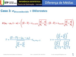INFERÊNCIA ESTATÍSTICA:
Teoria da Estimação - Intervalar
Diferença de Médias
10
6
Wadiley Nascimento (Mestre em Estatística) Telm.: (+239) 980 1045 / 905 88 42 E-mail: wadmiguel547@yahoo.com
Caso 3: 𝝈𝑫𝒆𝒔𝒄𝒐𝒏𝒉𝒆𝒄𝒊𝒅𝒐 + 𝐃𝐢𝐟𝐞𝐫𝐞𝐧𝐭𝐞𝐬
𝑰𝑪 𝝁𝟏 − 𝝁𝟐, 𝟏 − 𝜶 = 𝑿 − 𝒀 − 𝒕 𝒗, Τ
𝜶 𝟐
𝒔𝟏
𝟐
𝒏𝟏
+
𝒔𝟐
𝟐
𝒏𝟐
; 𝑿 − 𝒀 + 𝒕 𝒗, Τ
𝜶 𝟐
𝒔𝟏
𝟐
𝒏𝟏
+
𝒔𝟐
𝟐
𝒏𝟐
𝑇 =
𝑋 − 𝑌 − 𝜇1 − 𝜇2
𝑠1
2
𝑛1
+
𝑠2
2
𝑛2
~𝑡𝑛1+𝑛2−2 𝜈 =
𝑠1
2
𝑛1
+
𝑠2
2
𝑛2
2
𝑠1
2
𝑛1
2
𝑛1 − 1
+
𝑠2
2
𝑛2
2
𝑛2 − 1
 