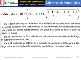 INFERÊNCIA ESTATÍSTICA:
Teoria da Estimação - Intervalar
Diferença de Proporções
10
9
Wadiley Nascimento (Mestre em Estatística) Telm.: (+239) 980 1045 / 905 88 42 E-mail: wadmiguel547@yahoo.com
𝑰𝑪 𝝆𝟏 − 𝝆𝟐, 𝟏 − 𝜶 = ෝ
𝒑𝟏 − ෝ
𝒑𝟐 ± 𝒛𝒄
ෝ
𝒑𝟏 𝟏 − ෝ
𝒑𝟏
𝒏𝟏
+
ෝ
𝒑𝟐 𝟏 − ෝ
𝒑𝟐
𝒏𝟐
 