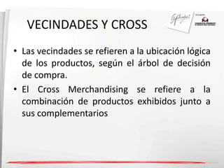 VECINDADES Y CROSS 
• Las vecindades se refieren a la ubicación lógica 
de los productos, según el árbol de decisión 
de compra. 
• El Cross Merchandising se refiere a la 
combinación de productos exhibidos junto a 
sus complementarios 
 