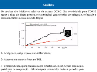 Coxibes
Os coxibes são inibidores seletivos da enzima COX-2. Sua seletividade para COX-2
reduz o risco de úlcera péptica, e é a principal característica do celecoxib, rofecoxib e
outros membros desta classe de drogas.
1- Analgésico, antipirético e anti-inflamatório;
2- Apresentam menos efeitos no TGI.
3- Contraindicados para pacientes com hipertensão, insuficiência cardíaca ou
problemas de coagulação. Utilizados para tratamentos curtos e períodos pós-
 