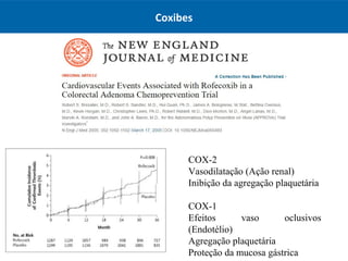 Coxibes
COX-2
Vasodilatação (Ação renal)
Inibição da agregação plaquetária
COX-1
Efeitos vaso oclusivos
(Endotélio)
Agregação plaquetária
Proteção da mucosa gástrica
 