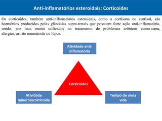 Anti-inflamatórios esteroidais: Corticoides
Os corticoides, também anti-inflamatórios esteroidais, como a cortisona ou cortisol, são
hormônios produzidos pelas glândulas supra-renais que possuem forte ação anti-inflamatória,
sendo, por isso, muito utilizados no tratamento de problemas crônicos como asma,
alergias, artrite reumatoide ou lúpus.
Corticoides
Atividade anti-
inflamatória
Atividade
minerolocorticoide
Tempo de meia
vida
 