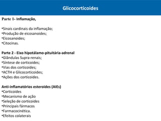 Glicocorticoides
Parte 1- Inflamação,
•Sinais cardinais da inflamação;
•Produção de eicosanoides;
•Eicosanoides;
•Citocinas.
Parte 2 - Eixo hipotálamo-pituitária-adrenal
•Glândulas Supra-renais;
•Síntese de corticoides;
•Vias dos corticoides;
•ACTH e Glicocorticoides;
•Ações dos corticoides.
Anti-inflamatórios esteroides (AIEs)
•Corticoides
•Mecanismo de ação
•Seleção de corticoides
•Principais fármacos
•Farmacocinética.
•Efeitos colaterais
 