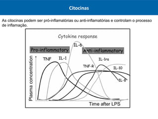 Citocinas
As citocinas podem ser pró-inflamatórias ou anti-inflamatórias e controlam o processo
de inflamação.
 