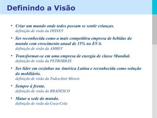 Criar um mundo onde todos possam se sentir crianças. definição de visão da DISNEY Ser reconhecida como a mais competitiva empresa de bebidas do mundo com crescimento anual de 15% no EVA. definição de visão da AMBEV Transformar-se em uma empresa de energia de classe Mundial.  definição de visão da PETROBRÁS Ser líder em cozinhas na América Latina e reconhecida como solução do mobiliário. definição de visão da Todeschini Móveis Sempre à frente. definição de visão do BRADESCO Matar a sede do mundo. definição de visão da Coca-Cola Definindo a Visão 