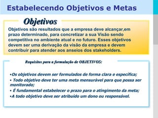 Os objetivos devem ser formulados de forma clara e específica; Todo objetivo deve ter uma meta mensurável para que possa ser monitorado; É fundamental estabelecer o prazo para o atingimento da meta; A todo objetivo deve ser atribuído um dono ou responsável. Requisitos para a formulação de OBJETIVOS: Objetivos são resultados que a empresa deve alcançar,em prazo determinado, para concretizar a sua Visão sendo competitiva no ambiente atual e no futuro. Esses objetivos devem ser uma derivação da visão da empresa e devem contribuir para atender aos anseios dos stakeholders. Objetivos Estabelecendo Objetivos e Metas 