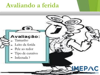 Avaliando a ferida
Tamanho
Leito da ferida
Pele ao redor
Tipo de curativo
Infectada ?
 