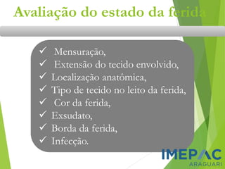 Avaliação do estado da ferida
✓ Mensuração,
✓ Extensão do tecido envolvido,
✓ Localização anatômica,
✓ Tipo de tecido no leito da ferida,
✓ Cor da ferida,
✓ Exsudato,
✓ Borda da ferida,
✓ Infecção.
 