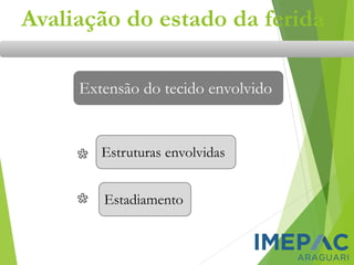 Avaliação do estado da ferida
Extensão do tecido envolvido
Estruturas envolvidas
Estadiamento
 