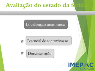 Avaliação do estado da ferida
Localização anatômica
Potencial de contaminação
Documentação
 