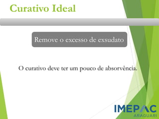 Remove o excesso de exsudato
O curativo deve ter um pouco de absorvência.
Curativo Ideal
 