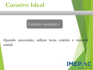 Curativo asséptico
Quando necessário, utilizar luvas estéreis e material
estéril.
Curativo Ideal
 