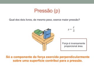 Pressão (p)
Qual dos dois livros, de mesmo peso, exerce maior pressão?
Só a componente da força exercida perpendicularmente
sobre uma superfície contribui para a pressão.
𝑝 =
𝐹
𝐴
Força é inversamente
proporcional área.
 