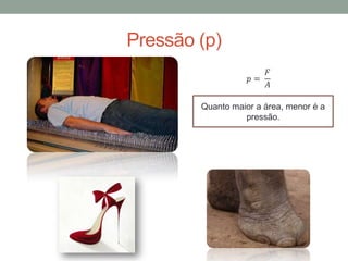Pressão (p)
𝑝 =
𝐹
𝐴
Quanto maior a área, menor é a
pressão.
 
