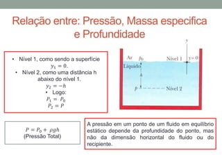 Relação entre: Pressão, Massa especifica
e Profundidade
𝑃 = 𝑃0 + 𝜌𝑔ℎ
(Pressão Total)
• Nível 1, como sendo a superfície
𝑦1 = 0.
• Nível 2, como uma distância h
abaixo do nível 1.
𝑦2 = −ℎ
• Logo:
𝑃1 = 𝑃0
𝑃2 = 𝑃
A pressão em um ponto de um fluido em equilíbrio
estático depende da profundidade do ponto, mas
não da dimensão horizontal do fluido ou do
recipiente.
 