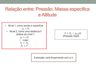 Relação entre: Pressão, Massa especifica
e Altitude
• Nível 1, como sendo a superfície
𝑦1 = 0.
• Nível 2, como uma distância h
abaixo do nível 1.
𝑦2 = +ℎ
• Logo:
𝑃1 = 𝑃0
𝑃2 = 𝑃
𝑃 = 𝑃0 − 𝜌 𝑎𝑟 𝑔ℎ
(Pressão Total)
A pressão varia linearmente com a h.
 