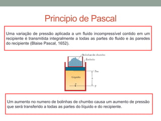 Principio de Pascal
Uma variação de pressão aplicada a um fluido incompressível contido em um
recipiente é transmitida integralmente a todas as partes do fluido e às paredes
do recipiente (Blaise Pascal, 1652).
Um aumento no numero de bolinhas de chumbo causa um aumento de pressão
que será transferido a todas as partes do líquido e do recipiente.
 