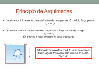 Principio de Arquimedes
• Imaginamos inicialmente uma pedra fora de uma piscina. O módulo força peso é:
𝐹𝑝 = 𝑚. 𝑔
• Quando a pedra é colocada dentro da piscina o Empuxo começa a agir:
𝐹𝑒 = 𝑚 𝑓 𝑔
(O empuxo é igual ao peso da água deslocada)
𝐹𝑒
A força de empuxo tem módulo igual ao peso do
fluido (água) deslocado pelo volume da pedra.
(𝑚 𝑓 = 𝜌𝑉)
 