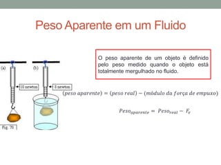 Peso Aparente em um Fluido
O peso aparente de um objeto é definido
pelo peso medido quando o objeto está
totalmente mergulhado no fluido.
𝑝𝑒𝑠𝑜 𝑎𝑝𝑎𝑟𝑒𝑛𝑡𝑒 = 𝑝𝑒𝑠𝑜 𝑟𝑒𝑎𝑙 − (𝑚ó𝑑𝑢𝑙𝑜 𝑑𝑎 𝑓𝑜𝑟ç𝑎 𝑑𝑒 𝑒𝑚𝑝𝑢𝑥𝑜)
𝑃𝑒𝑠𝑜 𝑎𝑝𝑎𝑟𝑒𝑛𝑡𝑒 = 𝑃𝑒𝑠𝑜 𝑟𝑒𝑎𝑙 − 𝐹𝑒
 
