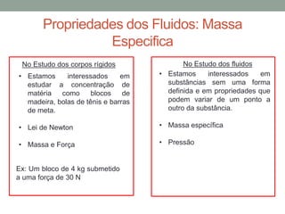Propriedades dos Fluidos: Massa
Especifica
No Estudo dos corpos rígidos
• Estamos interessados em
estudar a concentração de
matéria como blocos de
madeira, bolas de tênis e barras
de meta.
• Lei de Newton
• Massa e Força
Ex: Um bloco de 4 kg submetido
a uma força de 30 N
No Estudo dos fluidos
• Estamos interessados em
substâncias sem uma forma
definida e em propriedades que
podem variar de um ponto a
outro da substância.
• Massa específica
• Pressão
 