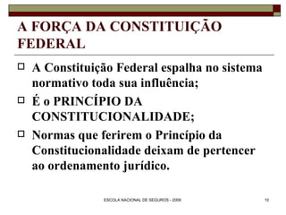A FORÇA DA CONSTITUIÇÃO FEDERAL A Constituição Federal espalha no sistema normativo toda sua influência; É o PRINCÍPIO DA CONSTITUCIONALIDADE; Normas que ferirem o Princípio da Constitucionalidade deixam de pertencer ao ordenamento jurídico. 