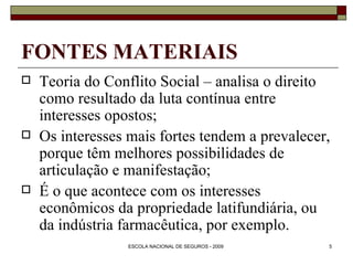 FONTES MATERIAIS Teoria do Conflito Social – analisa o direito como resultado da luta contínua entre interesses opostos; Os interesses mais fortes tendem a prevalecer, porque têm melhores possibilidades de articulação e manifestação; É o que acontece com os interesses econômicos da propriedade latifundiária, ou da indústria farmacêutica, por exemplo. 