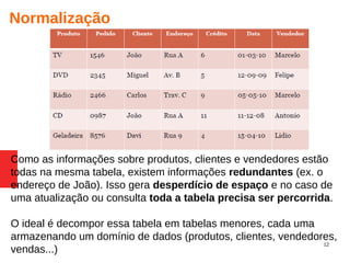 12
Normalização
Como as informações sobre produtos, clientes e vendedores estão
todas na mesma tabela, existem informações redundantes (ex. o
endereço de João). Isso gera desperdício de espaço e no caso de
uma atualização ou consulta toda a tabela precisa ser percorrida.
O ideal é decompor essa tabela em tabelas menores, cada uma
armazenando um domínio de dados (produtos, clientes, vendedores,
vendas...)
 