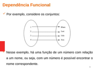 3
Dependência Funcional
 Por exemplo, considere os conjuntos:
 Nesse exemplo, há uma função de um número com relação
a um nome, ou seja, com um número é possível encontrar o
nome correspondente.
 