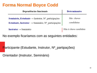 34
Forma Normal Boyce Codd
No exemplo ficaríamos com as seguintes entidades:
Participante (Estudante, Instrutor, Nº_partipações)
Orientador (Instrutor, Seminário)
 