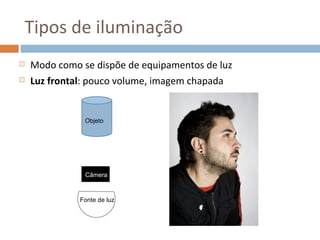 Tipos de iluminação
   Modo como se dispõe de equipamentos de luz
   Luz frontal: pouco volume, imagem chapada


               Objeto




               Câmera



              Fonte de luz
                                                 11
 