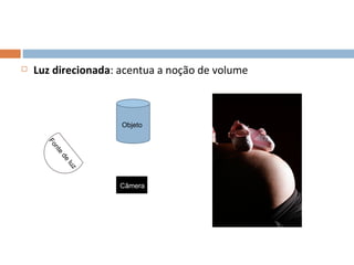    Luz direcionada: acentua a noção de volume



                     Objeto
      Fo
         n
        te
         de
             lu
                z




                    Câmera




                                                 14
 