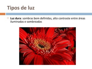 Tipos de luz
   Luz dura: sombras bem definidas, alto contraste entre áreas
    iluminadas e sombreadas




                                                              3
 