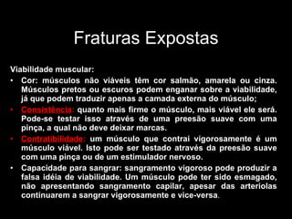 Fraturas Expostas Viabilidade muscular: Cor: músculos não viáveis têm cor salmão, amarela ou cinza. Músculos pretos ou escuros podem enganar sobre a viabilidade, já que podem traduzir apenas a camada externa do músculo; Consistência :  quanto mais firme o músculo, mais viável ele será. Pode-se testar isso através de uma preesão suave com uma pinça, a qual não deve deixar marcas. Contratibilidade :  um músculo que contrai vigorosamente é um músculo viável. Isto pode ser testado através da preesão suave com uma pinça ou de um estimulador nervoso. Capacidade para sangrar: sangramento vigoroso pode produzir a falsa idéia de viabilidade. Um músculo pode ter sido esmagado, não apresentando sangramento capilar, apesar das arteriolas continuarem a sangrar vigorosamente e vice-versa . 
