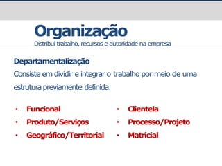 Organização
Distribui trabalho, recursos e autoridade na empresa
Departamentalização
Consiste em dividir e integrar o trabalho por meio de uma
estruturapreviamente definida.
• Funcional
• Produto/Serviços
• Geográfico/Territorial
• Clientela
• Processo/Projeto
• Matricial
 