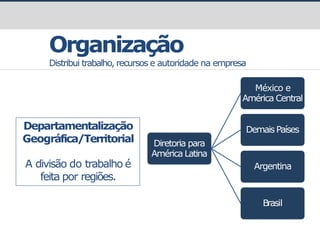 Organização
Distribui trabalho, recursos e autoridade na empresa
Departamentalização
Geográfica/Territorial
A divisão do trabalho é
feita por regiões.
Diretoria para
América Latina
México e
América Central
Demais Países
Argentina
Brasil
 