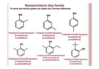 Nomenclatura dos fenóis
O nome dos fenóis podem ser dados de 3 formas diferentes
1-hidróxi-2-metil benzeno
2-metil-fenol
o-metilfenol
OH OH
OH
1-hidróxi-3-metil benzeno
3-metil-fenol
m-metilfenol
1-hidróxi-4-metil benzeno
4-metil-fenol
p-metilfenol
OH
OH
OH
1-hidróxi-2,5-dimetil benzeno
2,5-dimetil fenol
o,o-dimetilfenol
1-hidróxi-2-etil-5-metil benzeno
2-etil-5-metil fenol
o,o-etildimetilfenol 1-hidróxi-2-t-butil benzeno
2-t-butil fenol
o- t-butil fenol
 